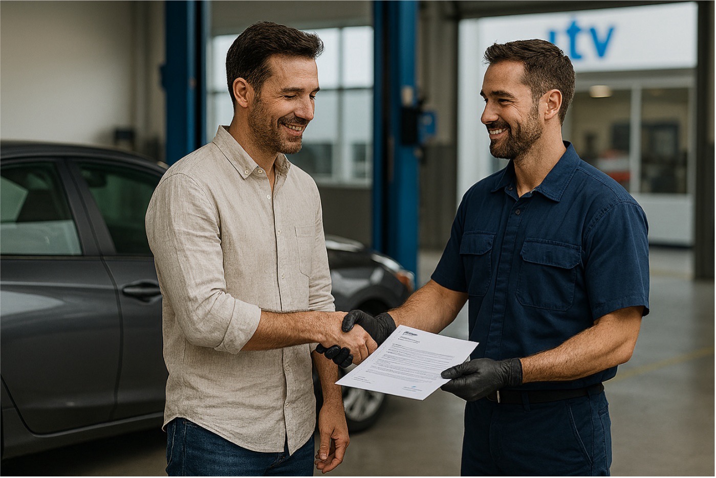 Técnico de taller entregando documento con membrete a cliente frente a coche recién actualizado, en un entorno moderno y limpio.