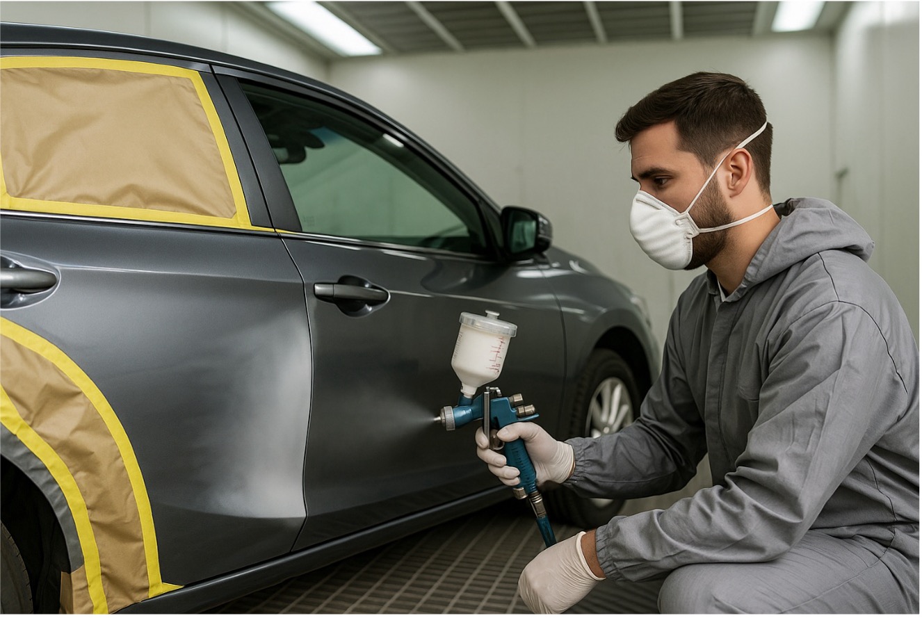 Técnico con pistola de pintura aplicando color sobre coche parcialmente enmascarado, mostrando contraste antes y después en taller limpio y profesional