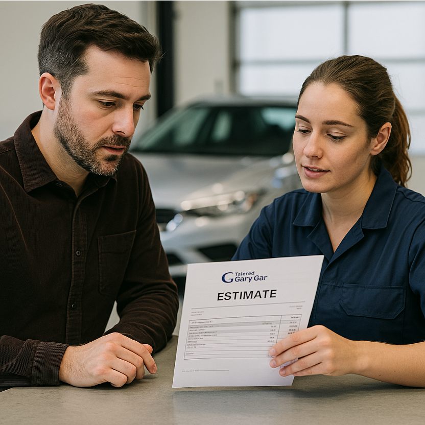Cliente revisando presupuesto con técnica de taller junto a mostrador, coche al fondo y documento con membrete visible.