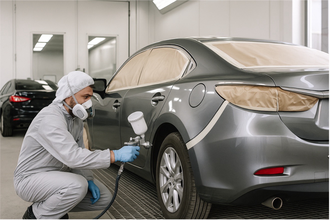 Técnico con mono y mascarilla aplicando pintura a coche en cabina presurizada, con otro vehículo terminado al fondo en taller chapa y pintura limpio y profesional.