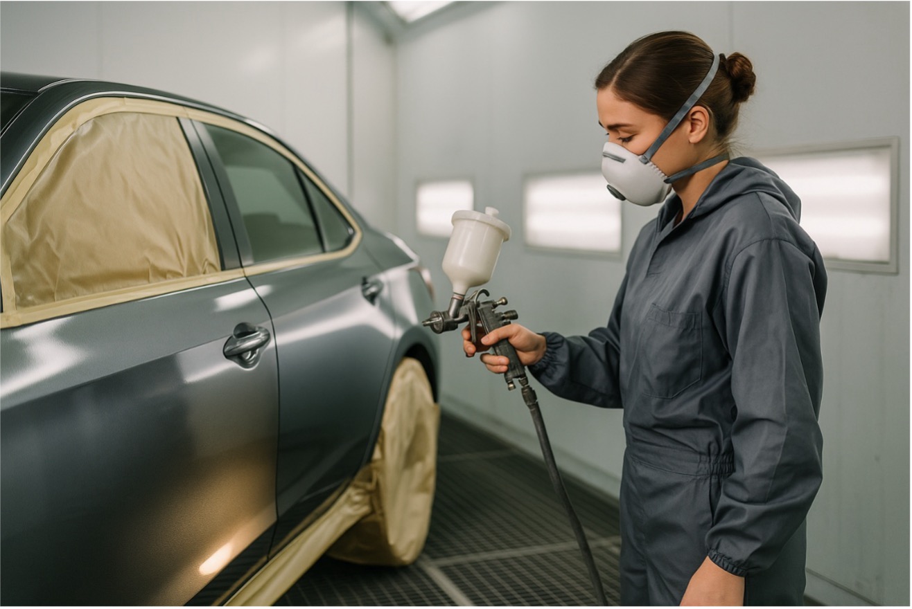 Técnica de taller aplicando barniz con pistola profesional sobre coche parcialmente pintado en cabina presurizada, luz lateral resaltando el acabado