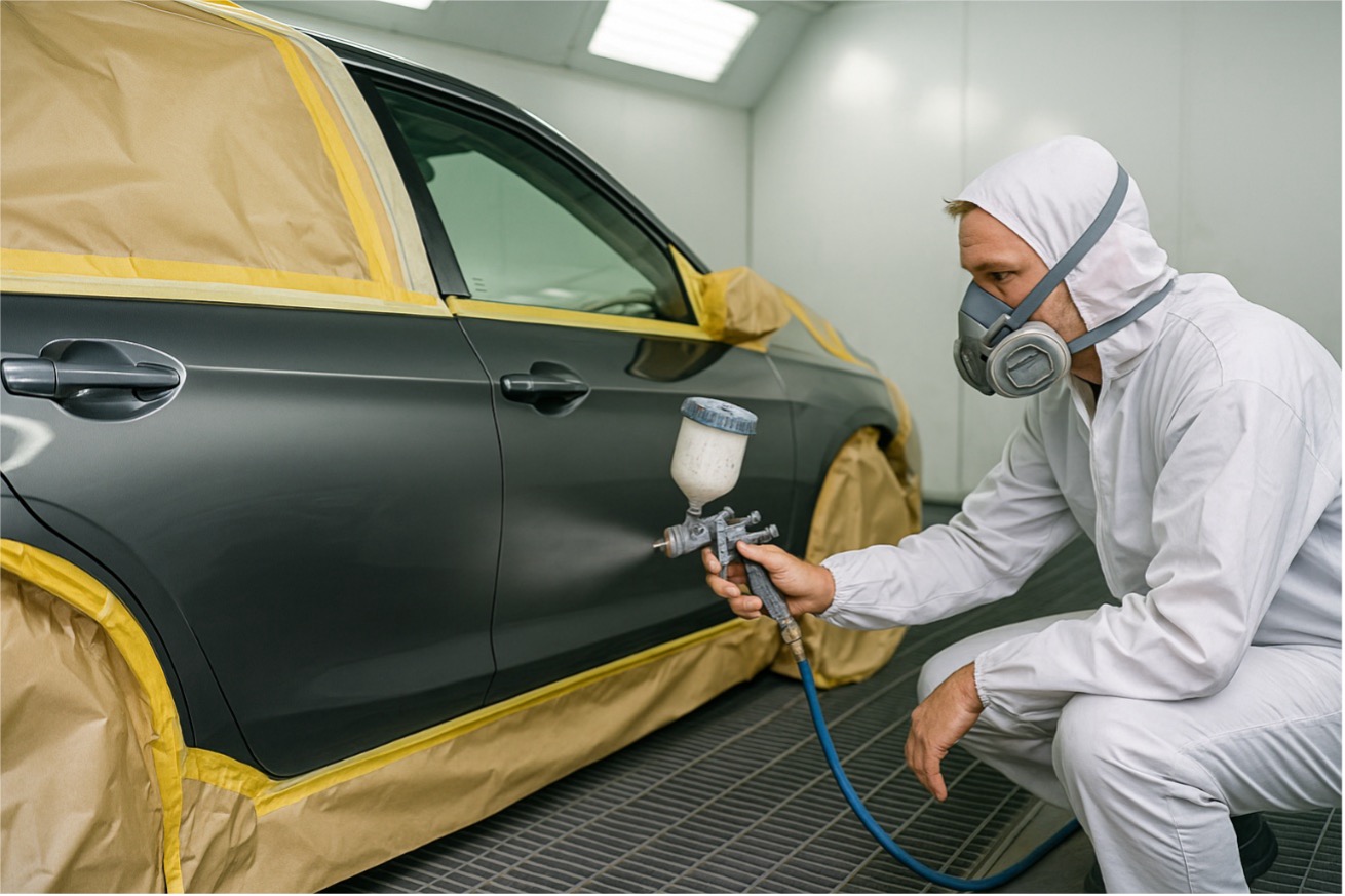 Técnico aplicando barniz sobre coche parcialmente enmascarado en cabina presurizada, entorno profesional y limpio en taller mecánico