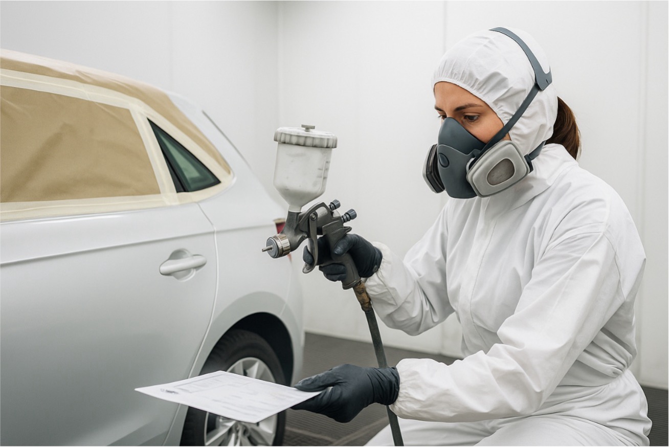 Técnica de taller aplicando pintura en cabina presurizada con equipo de protección completo sobre coche parcialmente pintado.