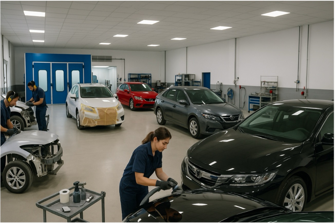 Vista general de taller con varios coches en distintas reparaciones, personal uniformado trabajando y un vehículo terminado con acabado brillante