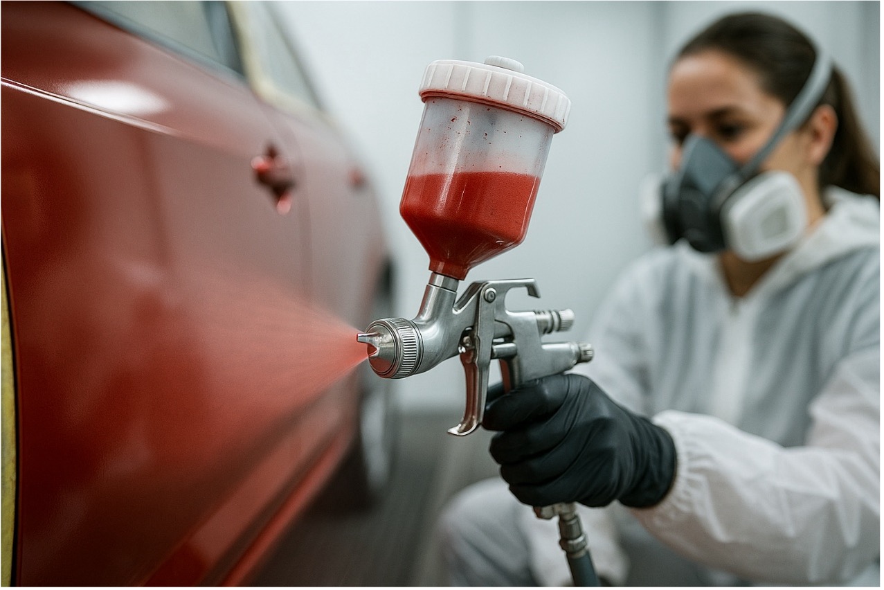 Primer plano de pistola aplicando pintura roja brillante sobre puerta de coche en cabina presurizada; técnica con mascarilla y guantes.