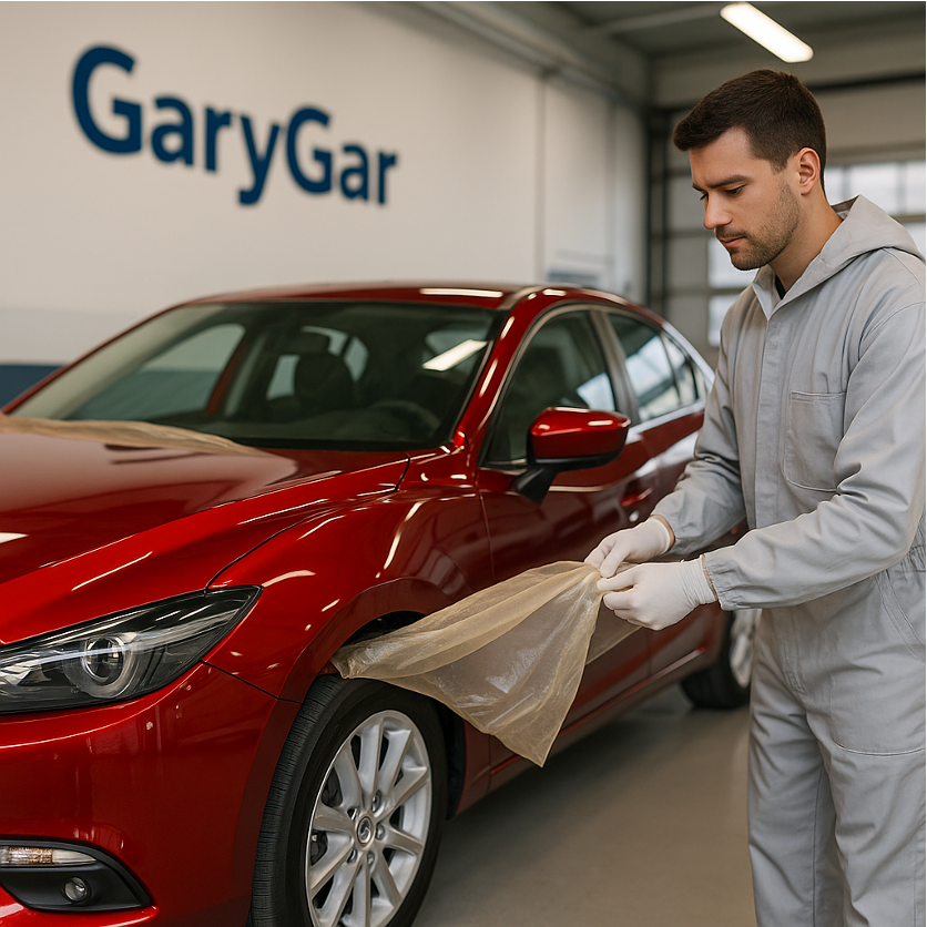 Coche rojo perlado recién pintado con reflejos bajo techo; técnico retira plástico protector del capó en taller Garygar limpio y profesional.