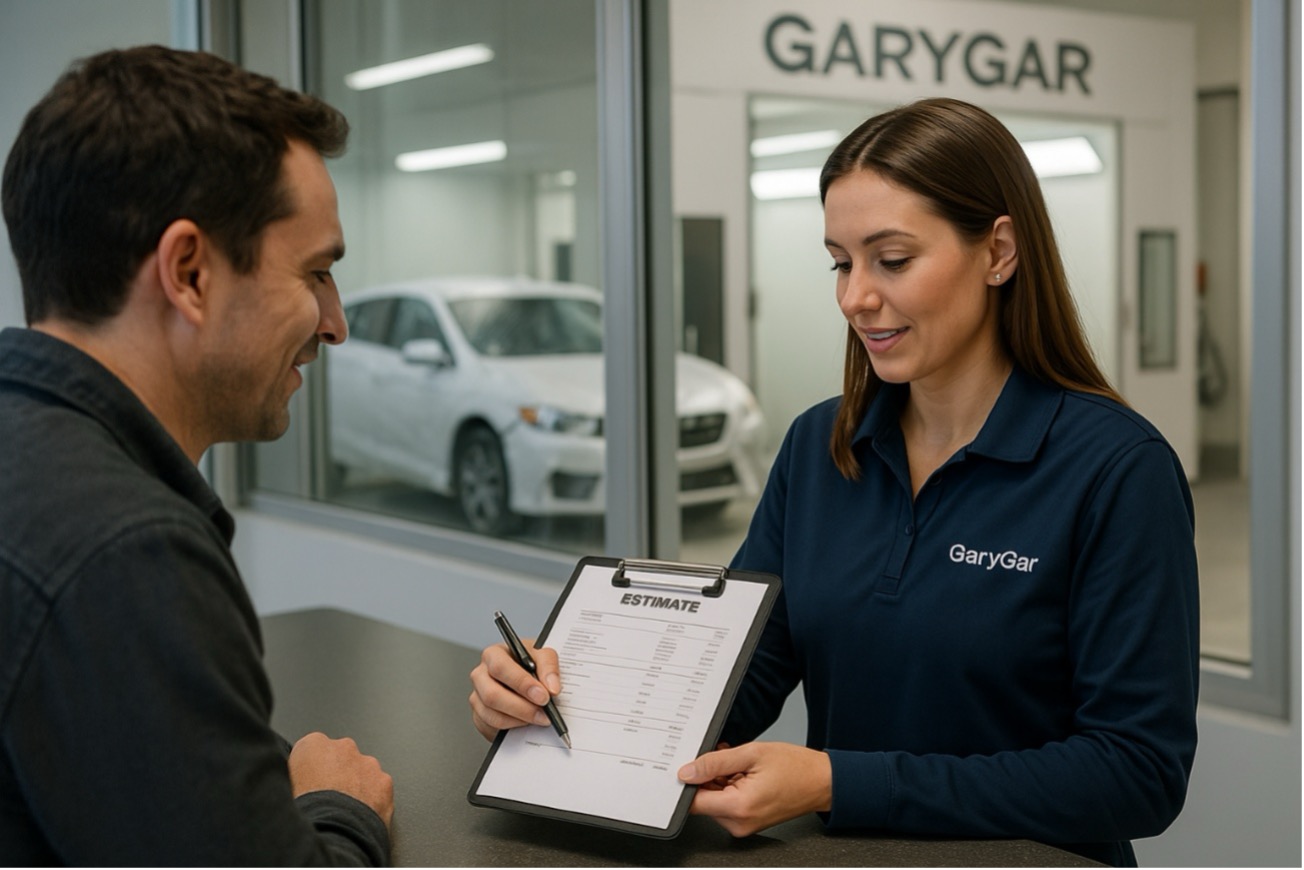 Asesora técnica de Garygar explica presupuesto a cliente en recepción; al fondo, coche visible dentro de la cabina de pintura en taller limpio y moderno