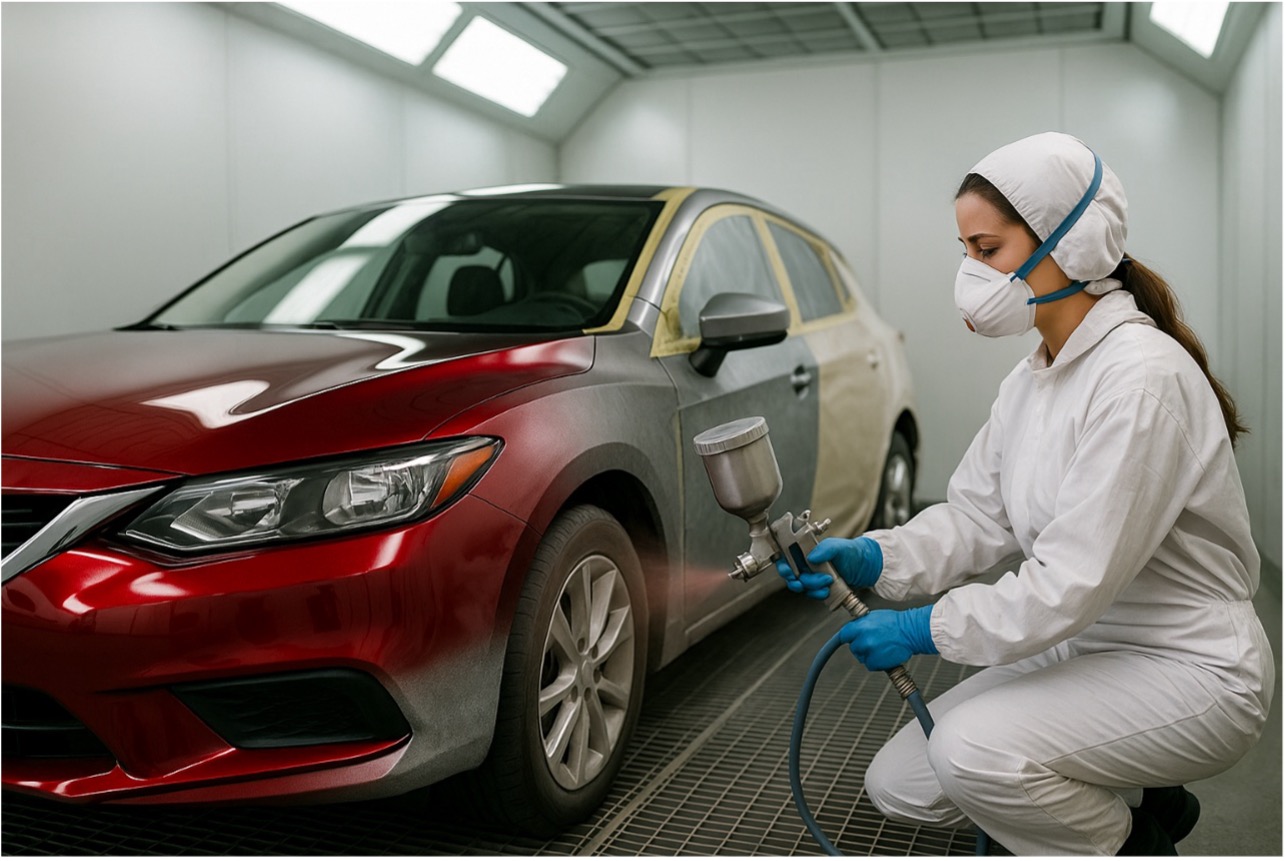 Coche con frontal ya pintado y trasera en reparación; técnica aplica pintura HVLP en cabina presurizada, transición visible entre zonas.