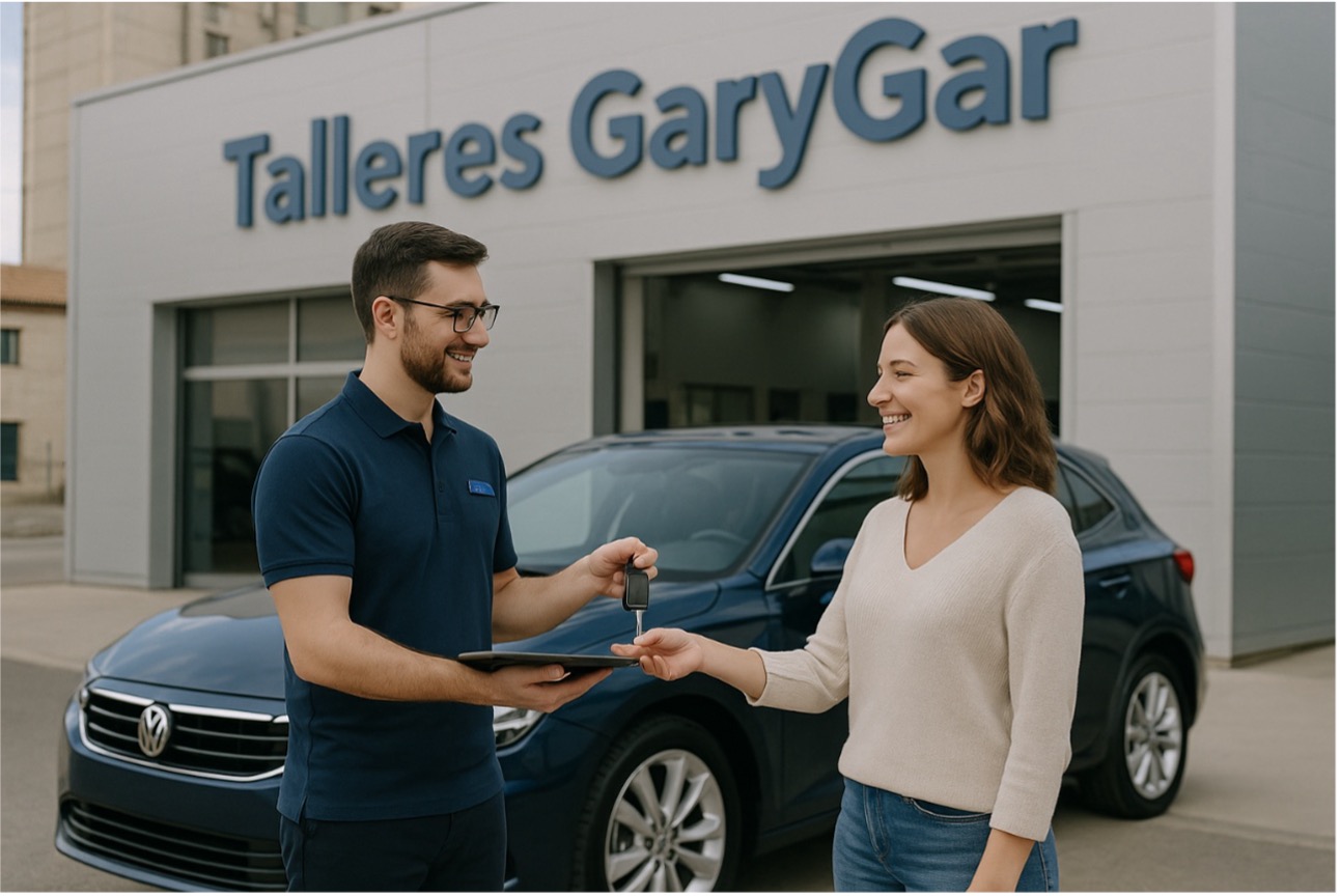 Cliente sonriente recibe coche reparado frente al rótulo de Talleres Garygar; asesor entrega las llaves en entorno profesional y limpio