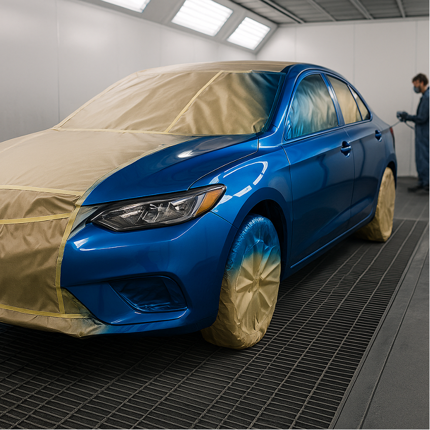 Coche en cabina de pintura a mitad de proceso: parte enmascarada y parte pintada en color llamativo, ambiente limpio y profesional.