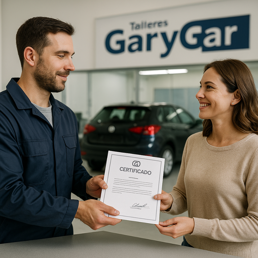 Técnico de Garygar entrega certificado firmado a clienta en recepción del taller, con coche recién reparado al fondo