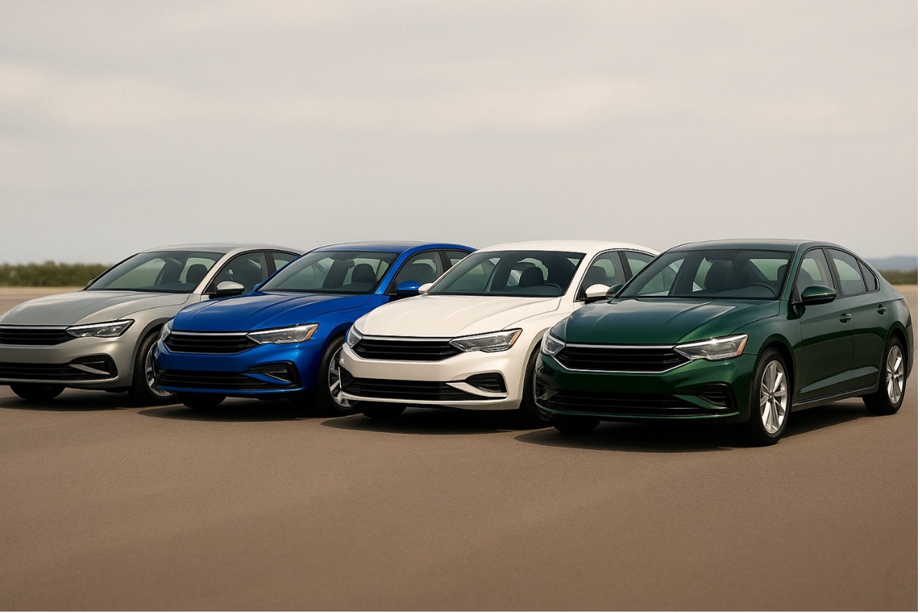Fila de coches mostrando colores 2026: gris nardo, azul eléctrico, blanco perlado y verde British Racing sobre carretera, acabado brillante
