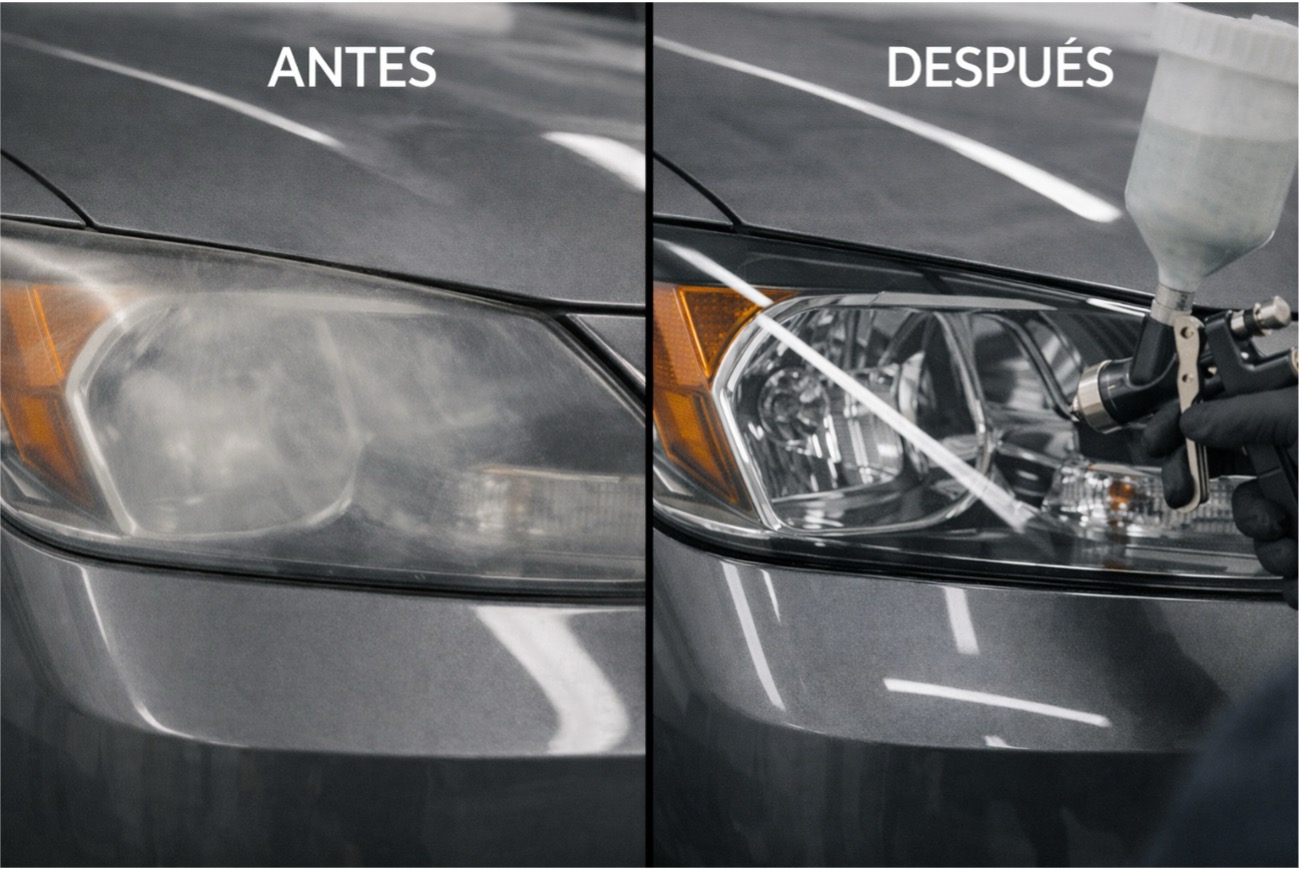 Comparativa antes y después de faros pulidos y lacado 2K; técnico aplica laca en cabina, reflejo nítido, taller profesional