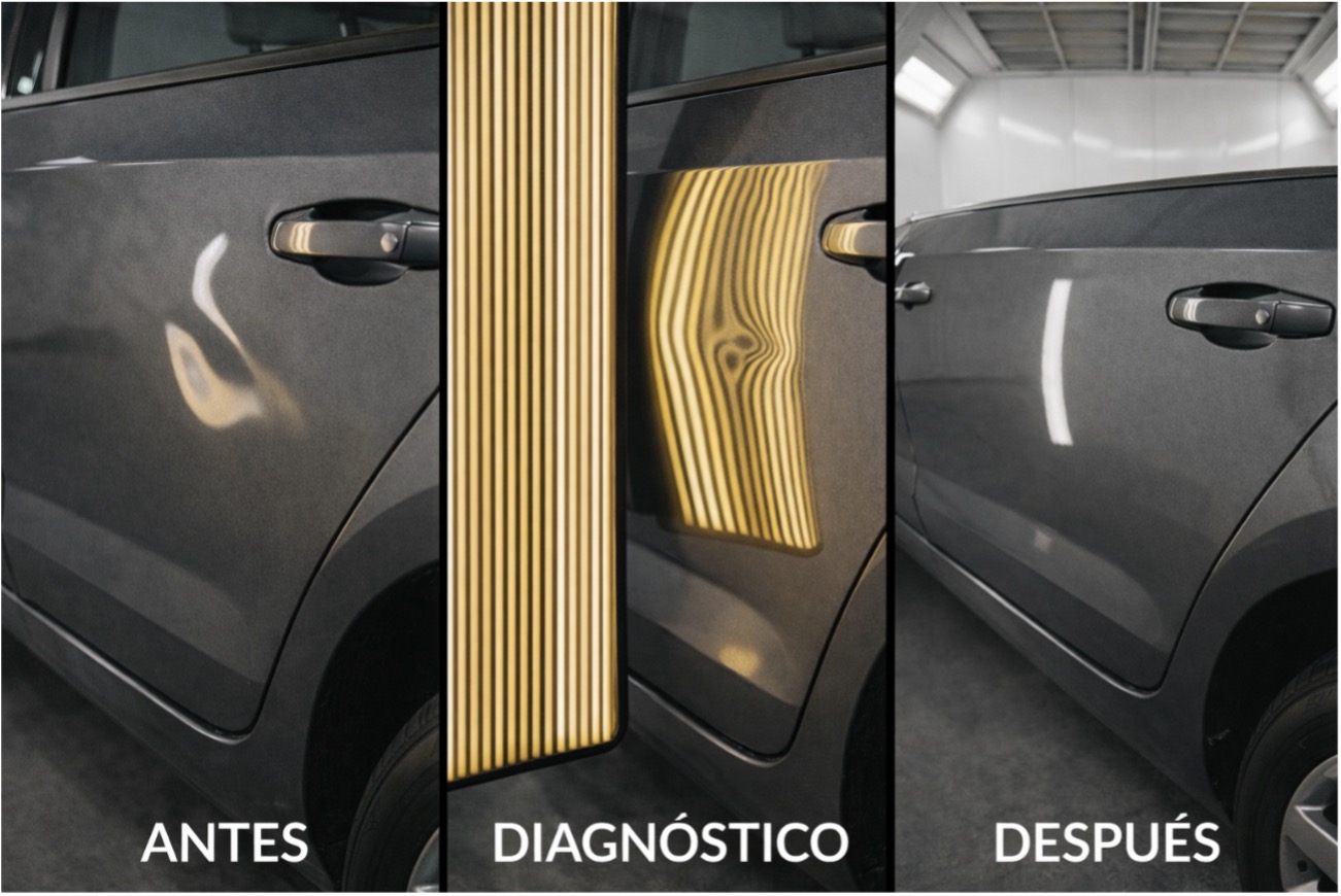Tríptico PDR antes-diagnóstico-después: abolladura visible en puerta, lectura con panel de luz PDR y resultado final con reflejo uniforme en cabina profesional.