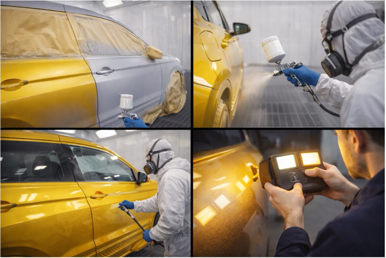 Tríptico en cabina de pintura: coche amarillo con aparejo, aplicación de base y barniz HS; verificación final del tono bajo luz cálida y solar simulada.