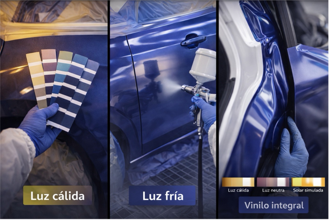 Comparativa en tres escenas: muestrario de colores sobre aleta bajo luz cálida y fría, aplicación de barniz HS en cabina presurizada y montaje de vinilo integral con remate limpio en la jamba de puerta.