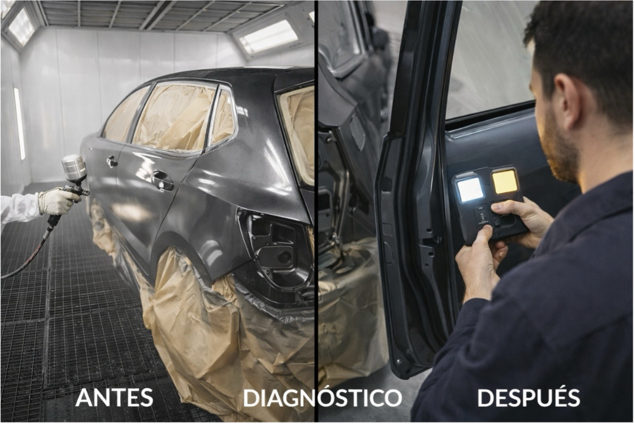 Proceso de pintura en cabina: coche con piezas desmontadas recibiendo barniz y segunda toma con jambas pintadas y comprobación de color bajo dos tipos de luz