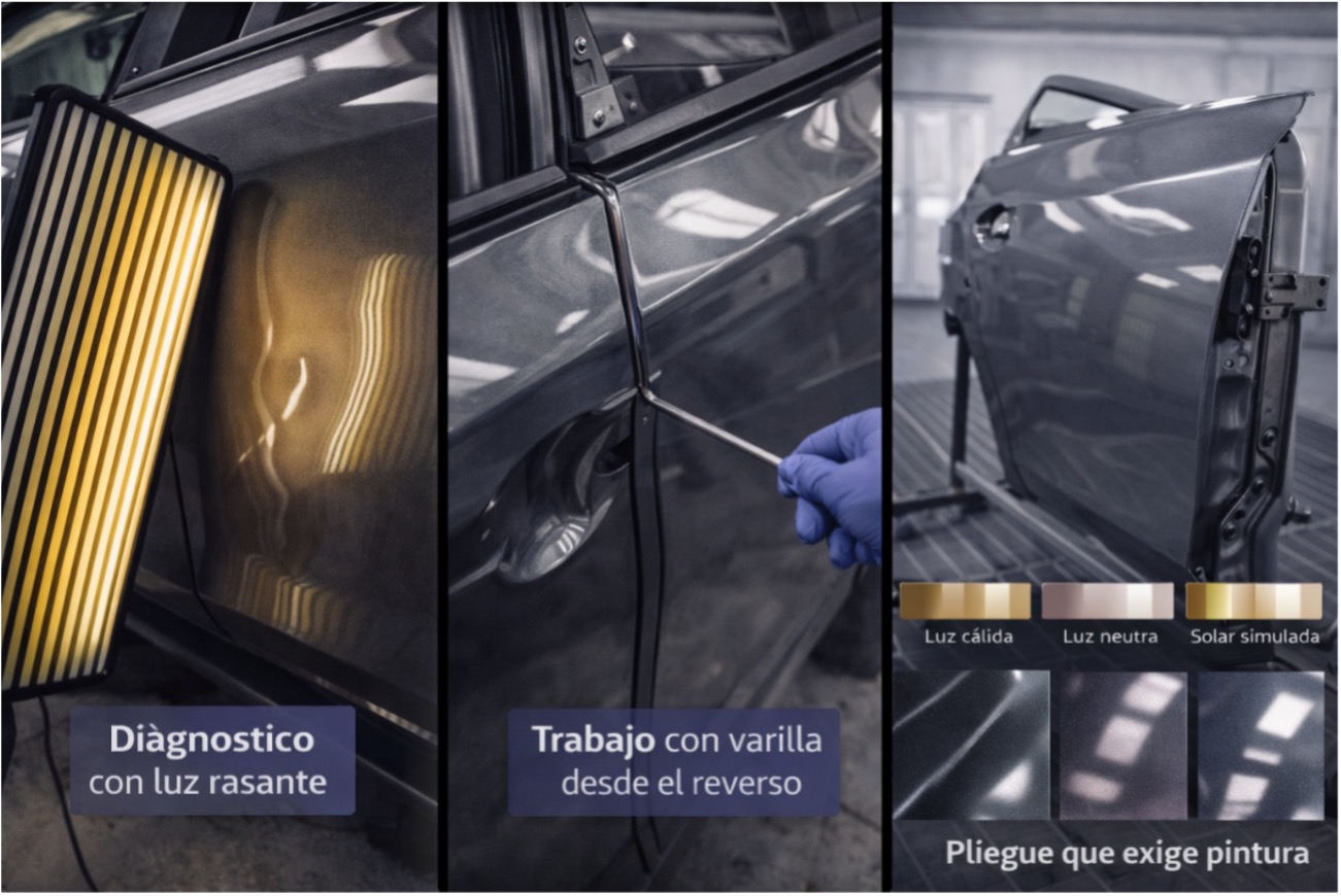 Secuencia PDR en aleta de puerta gris oscuro metalizado: diagnóstico con luz rasante, reparación con varilla desde el reverso y acabado pulido; en paralelo, pieza en cabina para pliegue que requiere pintura