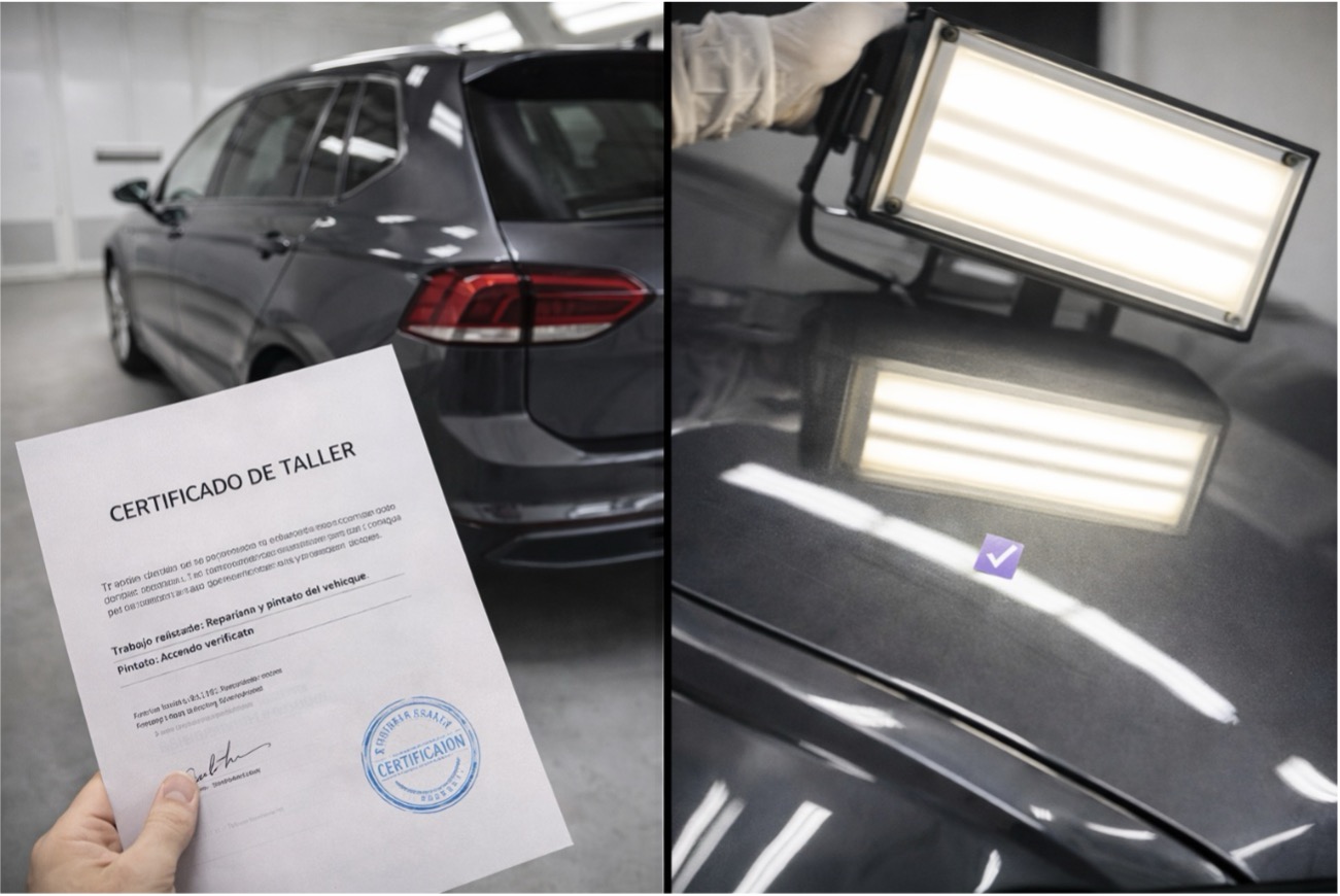 Certificado de taller impreso y sellado en primer plano junto a coche en zona de entrega; acabado de pintura verificado con luz técnica en entorno profesional