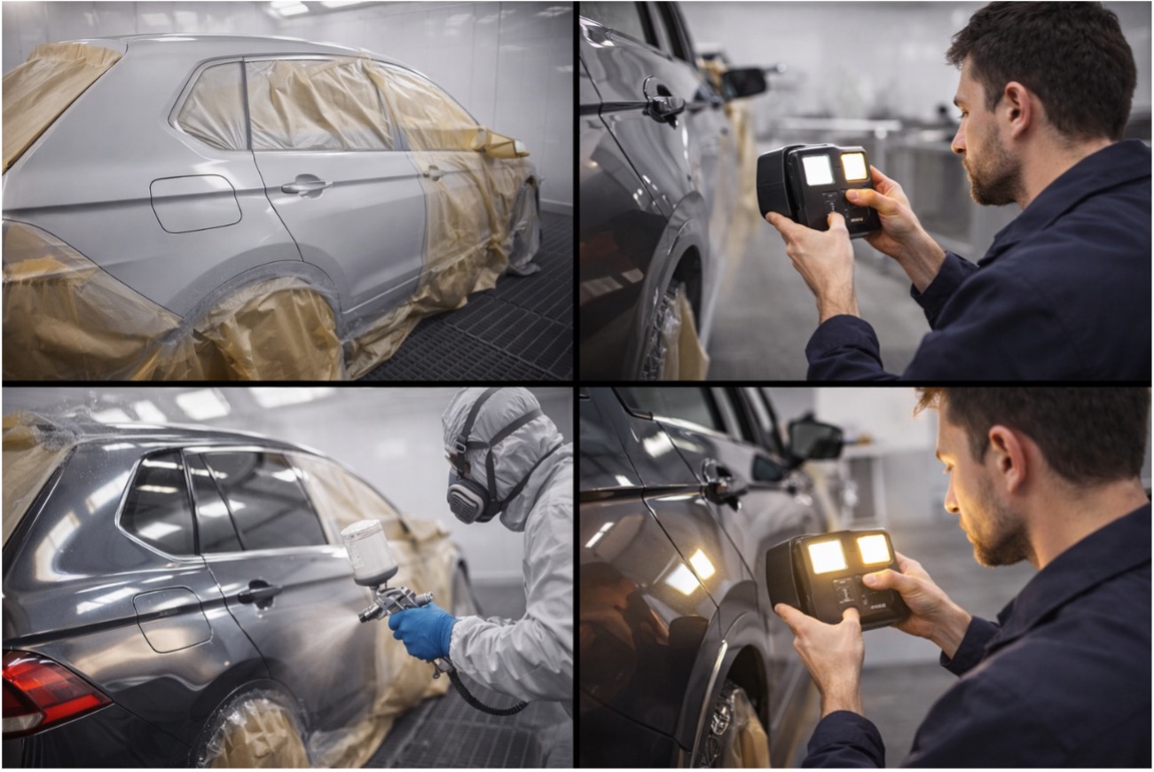 Secuencia en cabina de pintura con enfoque creativo: pieza preparada con aparejo, lectura de color con espectrofotómetro y aplicación de barniz HS; verificación final del tono bajo luz cálida y solar simulada, en entorno profesional y limpio
