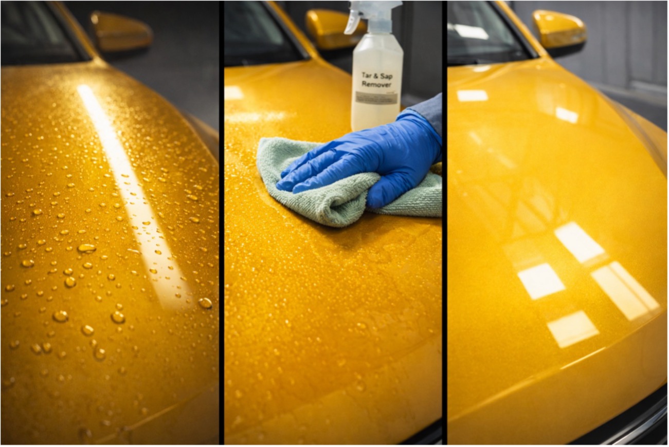 Secuencia de limpieza en capó amarillo: resina detectada con luz rasante, aplicación de tar&sap remover con microfibra y acabado brillante tras clay y protección.
