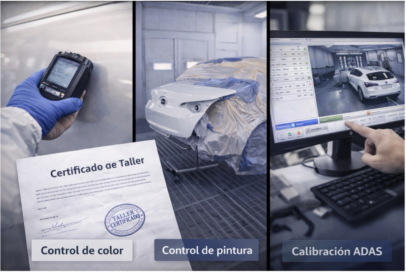 Tríptico con certificado de taller sellado y firma: control de color con espectrofotómetro, pieza en cabina presurizada y verificación ADAS en pantalla para vehículo blanco metalizado.