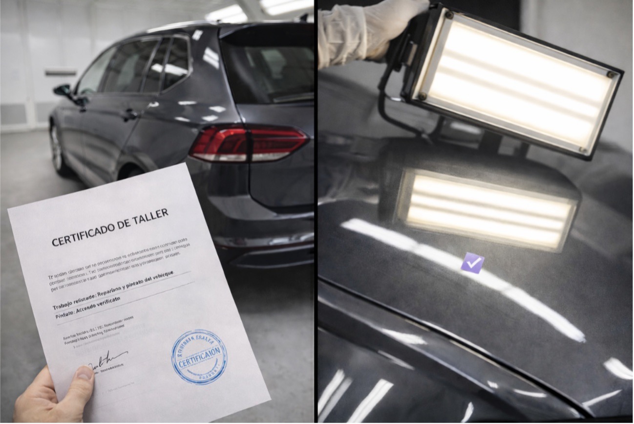Certificado de taller impreso y sellado en primer plano junto a vehículo terminado en zona de entrega; verificación del acabado de pintura bajo luz técnica profesional.