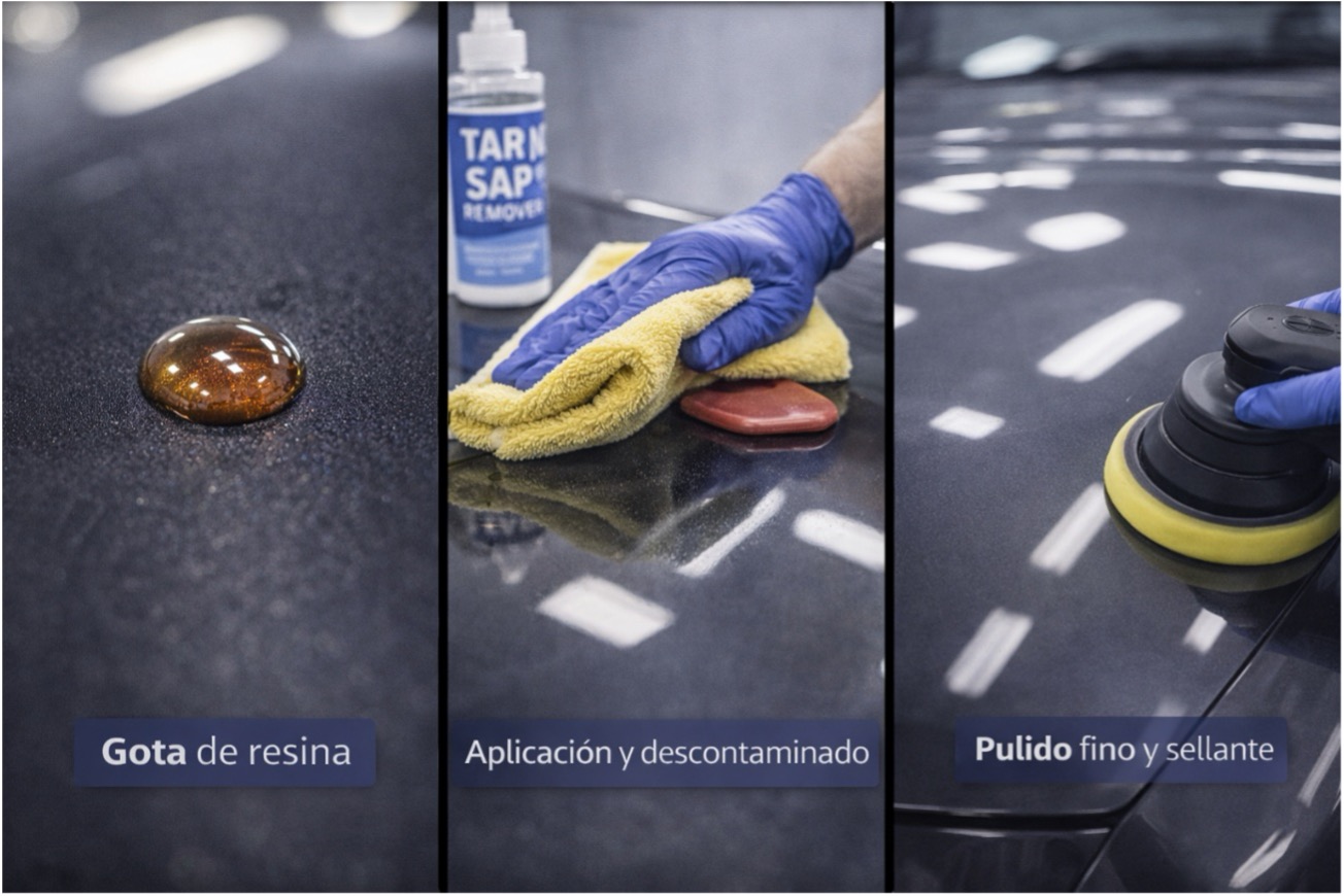 Secuencia de detailing en capó: resina en macro, limpieza con tar & sap remover y clay bar lubricada, y acabado final con pulido fino y sellante con reflejo uniforme.