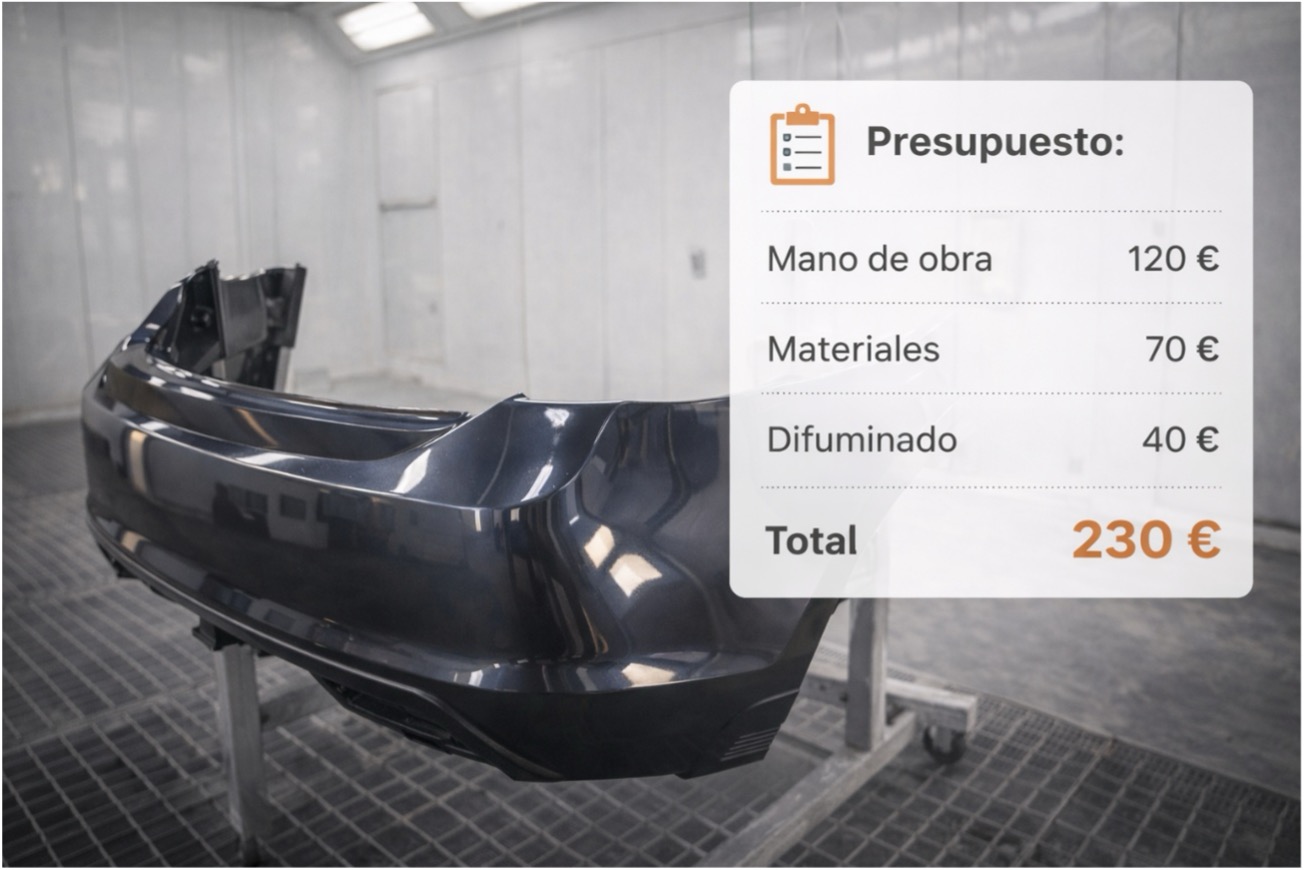 Paragolpes recién barnizado con brillo espejo en cabina presurizada, con recuadro ilustrativo de presupuesto desglosado de reparación (mano de obra, materiales y difuminado)