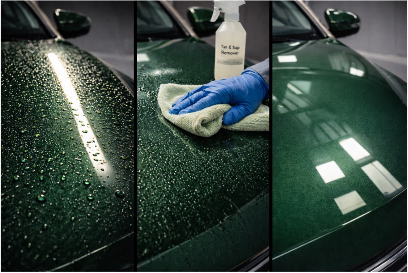 Secuencia de limpieza en capó verde oscuro: resina detectada con luz rasante, aplicación de Tar & Sap Remover con microfibra y acabado brillante tras clay suave y sellante