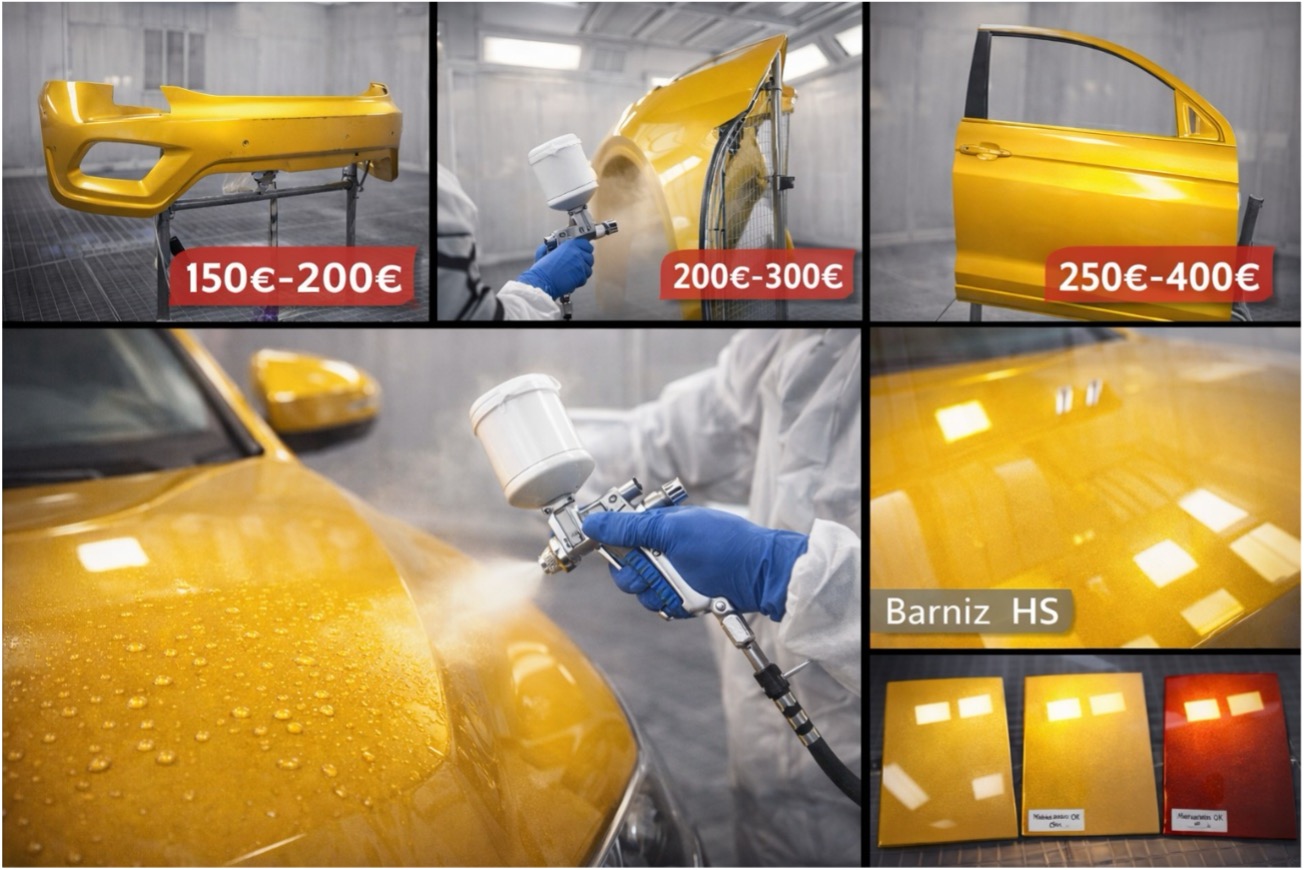 Collage de reparación y pintura: paragolpes, aleta y puerta con rangos de precio, aplicación de barniz HS en cabina y verificación de color con espectrofotómetro y prueba de metamería bajo tres luces