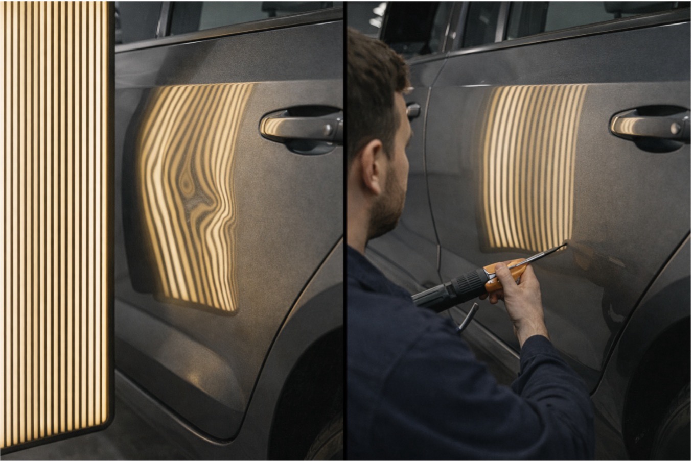 Antes y después PDR: puerta con luz de lectura, técnico trabajando desde interior, reflejo uniforme tras reparación de abolladura coche