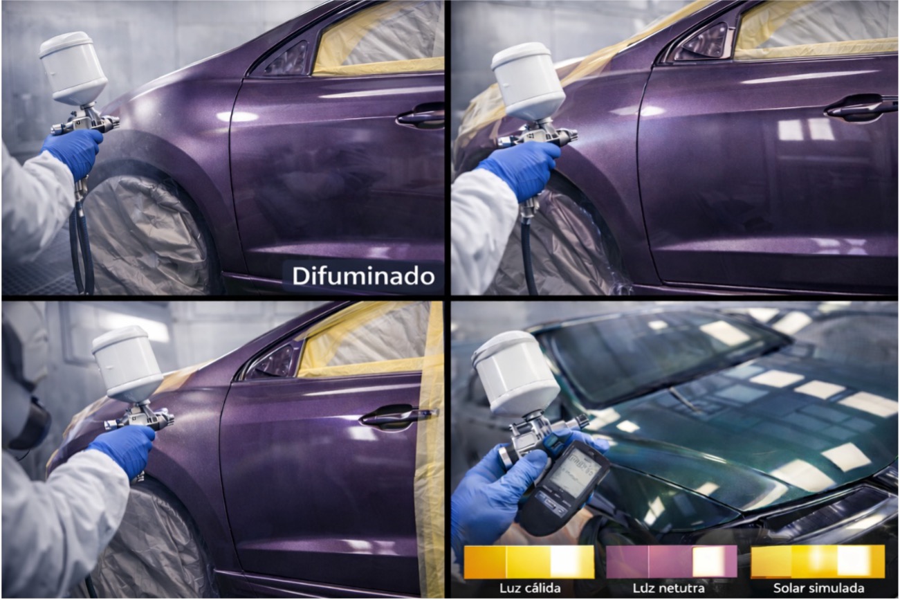 Difuminado de pintura morada en cabina presurizada: aleta y puerta en proceso, lectura con espectrofotómetro y prueba de metamería bajo luz cálida y solar simulada.