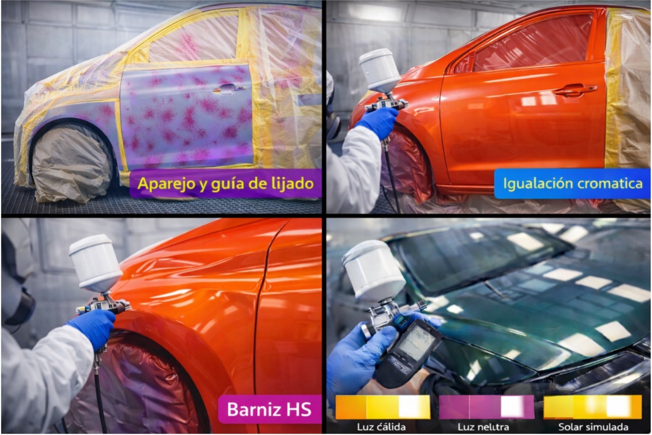 Secuencia en cabina de pintura: pieza con aparejo y guía de lijado, igualación cromática con espectrofotómetro, aplicación de barniz HS y verificación final bajo luz cálida, neutra y solar simulada.