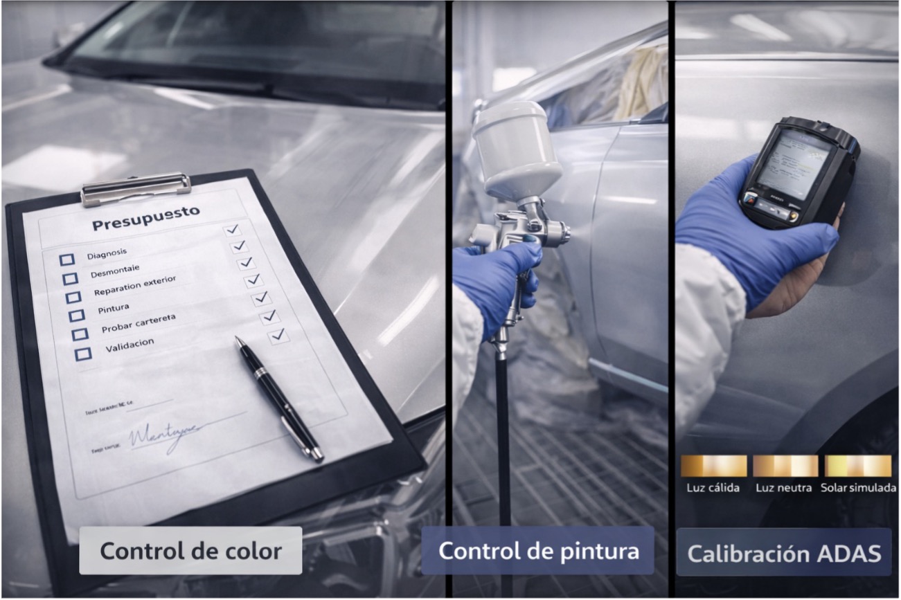 Composición en cuatro escenas con coche plata metalizado: checklist de presupuesto sobre el capó, aplicación de barniz HS en cabina presurizada, lectura con espectrofotómetro y verificación de metamería bajo luz cálida, neutra y solar simulada.