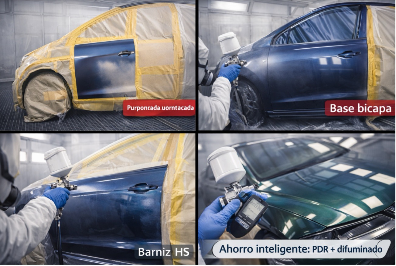 Secuencia en cabina de pintura: pieza enmascarada, aplicación de base bicapa y barniz HS con brillo espejo; inserto de espectrofotómetro y mensaje 'Ahorro inteligente: PDR + difuminado'