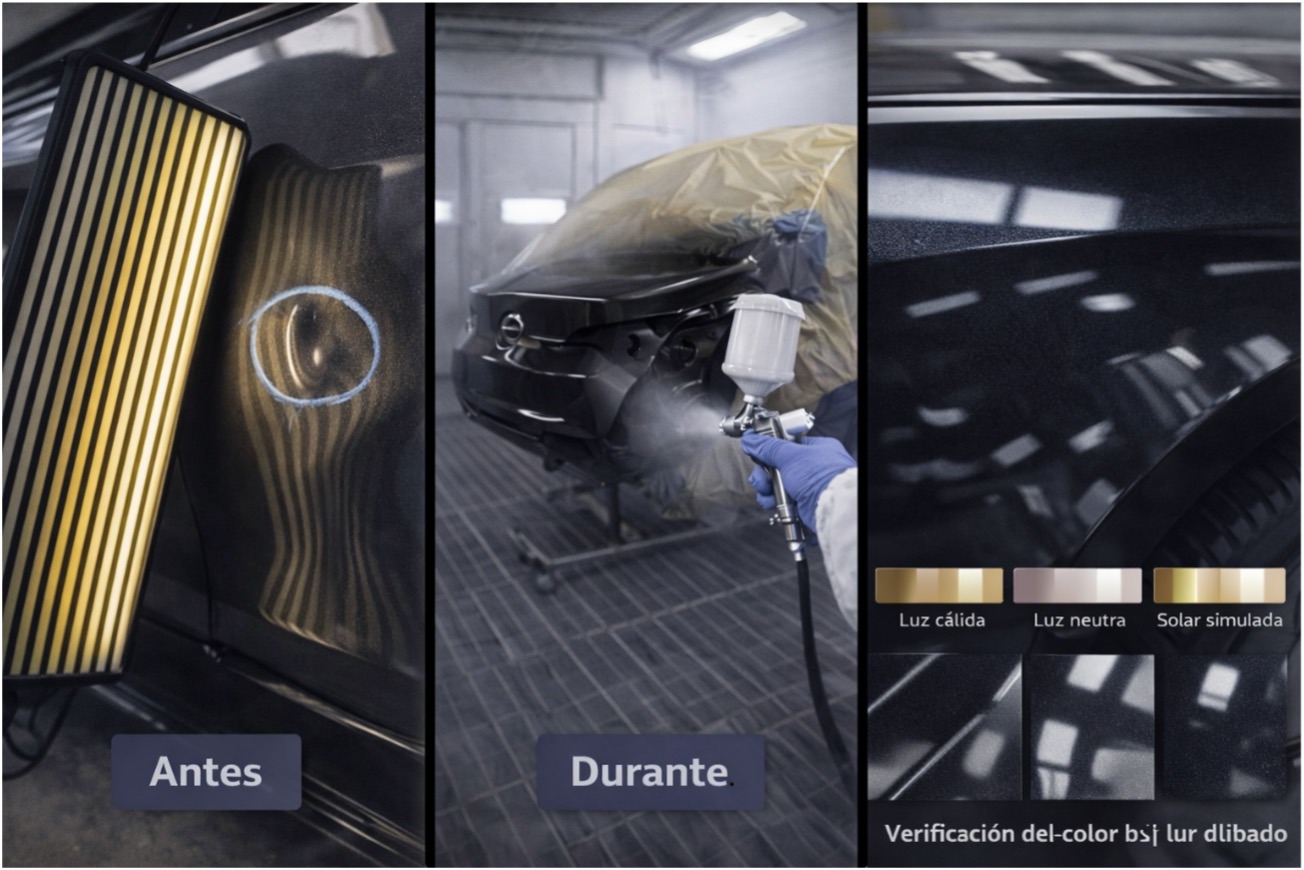 Composición antes-durante-después en coche negro metalizado: diagnóstico con luz rasante, aplicación de base y barniz HS en cabina presurizada y verificación de color bajo luz cálida, neutra y solar simulada para evitar metamería.