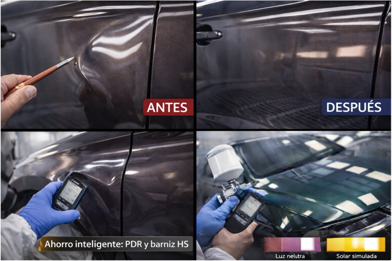 Collage PDR y pintura: puerta con abolladura antes y después tras reparación sin pintura, lectura con espectrofotómetro y aplicación de barniz HS en cabina para pliegue.