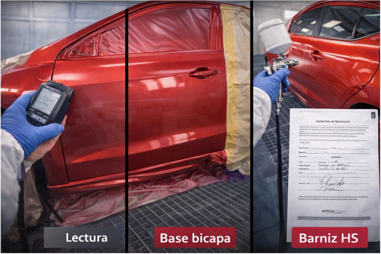 Tríptico de repintado en cabina: lectura con espectrofotómetro, aplicación de base bicapa y barniz HS en coche rojo, con garantía firmada.