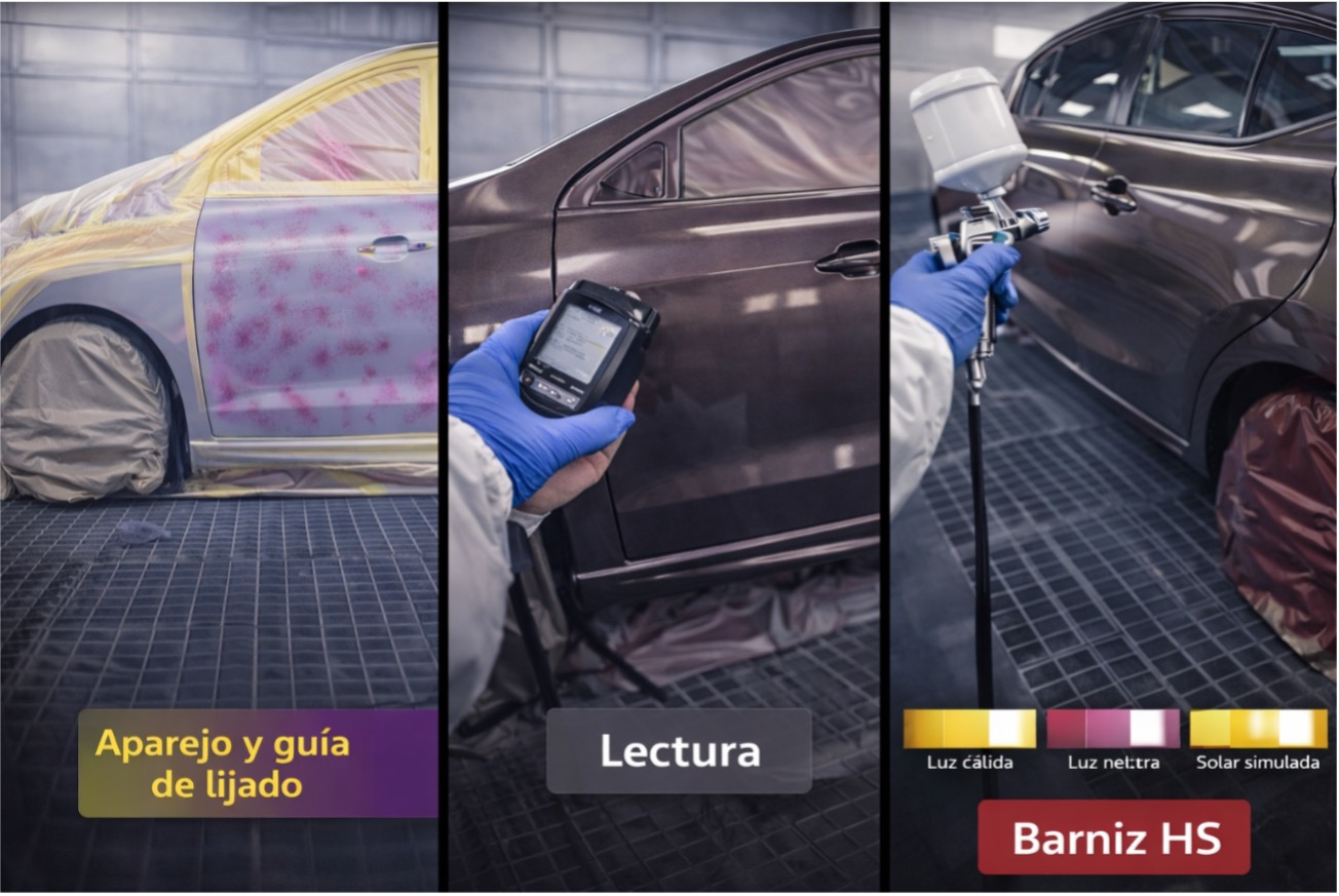 Tríptico del flujo en cabina: aparejo y guía de lijado, lectura con espectrofotómetro y aplicación de barniz HS; verificación de color bajo luz cálida, neutra y solar simulada
