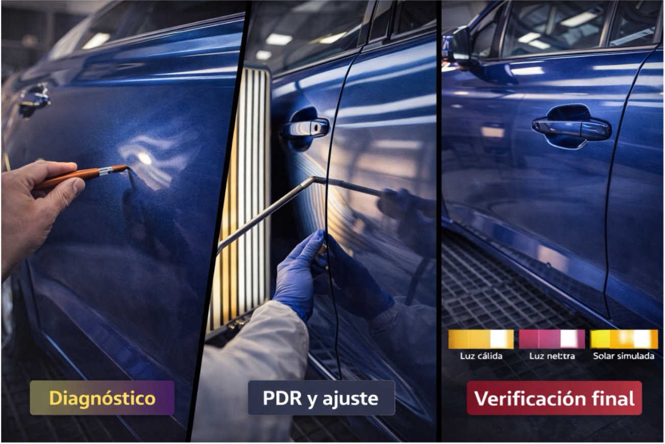Secuencia de reparación PDR en coche azul metalizado: diagnóstico con luz rasante, trabajo con varillas y lectura de reflejos, y verificación final del reflejo continuo bajo luz cálida, neutra y solar simulada.