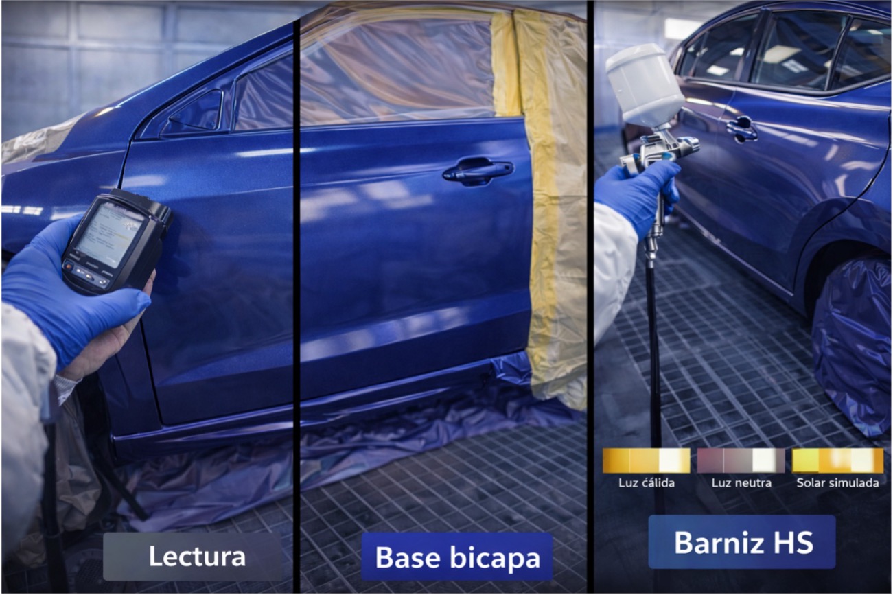 Tríptico en cabina presurizada con coche azul metalizado: lectura con espectrofotómetro, aplicación de base bicapa y barniz HS con reflejo uniforme; prueba de metamería bajo luz cálida, neutra y solar simulada