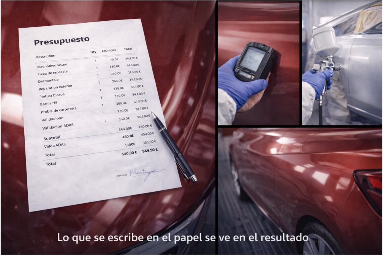 Presupuesto desglosado sobre capó granate metalizado, lectura con espectrofotómetro, aplicación de barniz HS en cabina y verificación de color bajo tres luces.