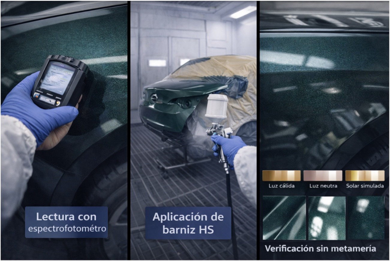 Tríptico de control de color en coche verde oscuro metalizado: lectura con espectrofotómetro, barniz HS en cabina presurizada y verificación sin metamería bajo luz cálida, neutra y solar simulada