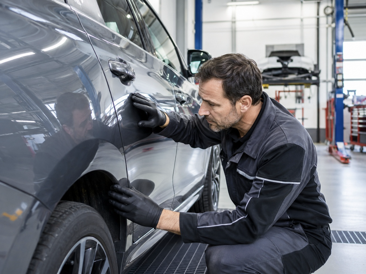 Mecánico revisando la chapa y pintura de un coche en un taller profesional de Zaragoza.