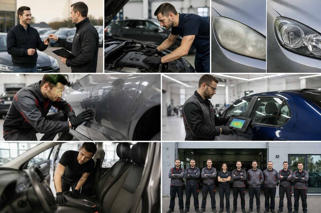 Equipo profesional frente a un taller de chapa y pintura en Zaragoza.