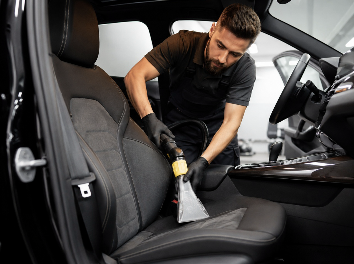 Técnico limpiando la tapicería del asiento de un coche durante una restauración interior profesional.