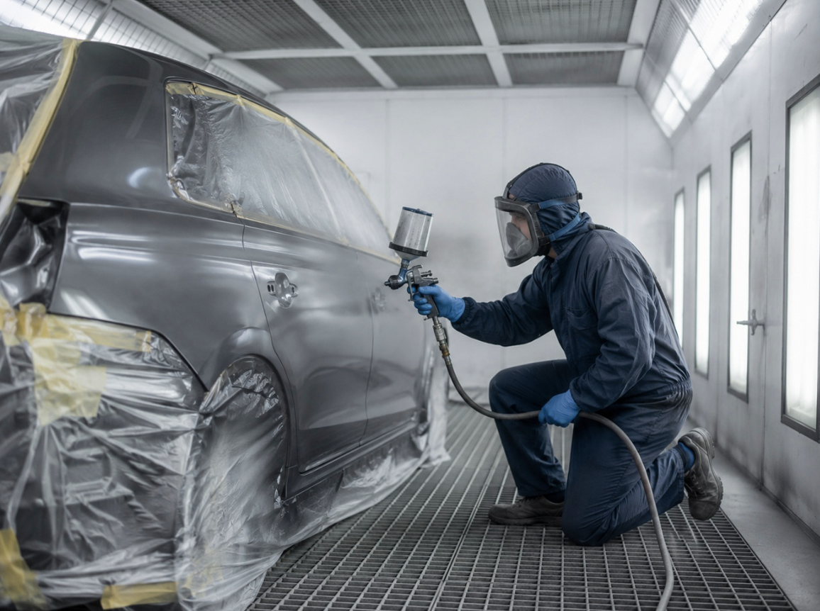Profesional pintando un coche gris en una cabina de secado rápido dentro de un taller especializado.