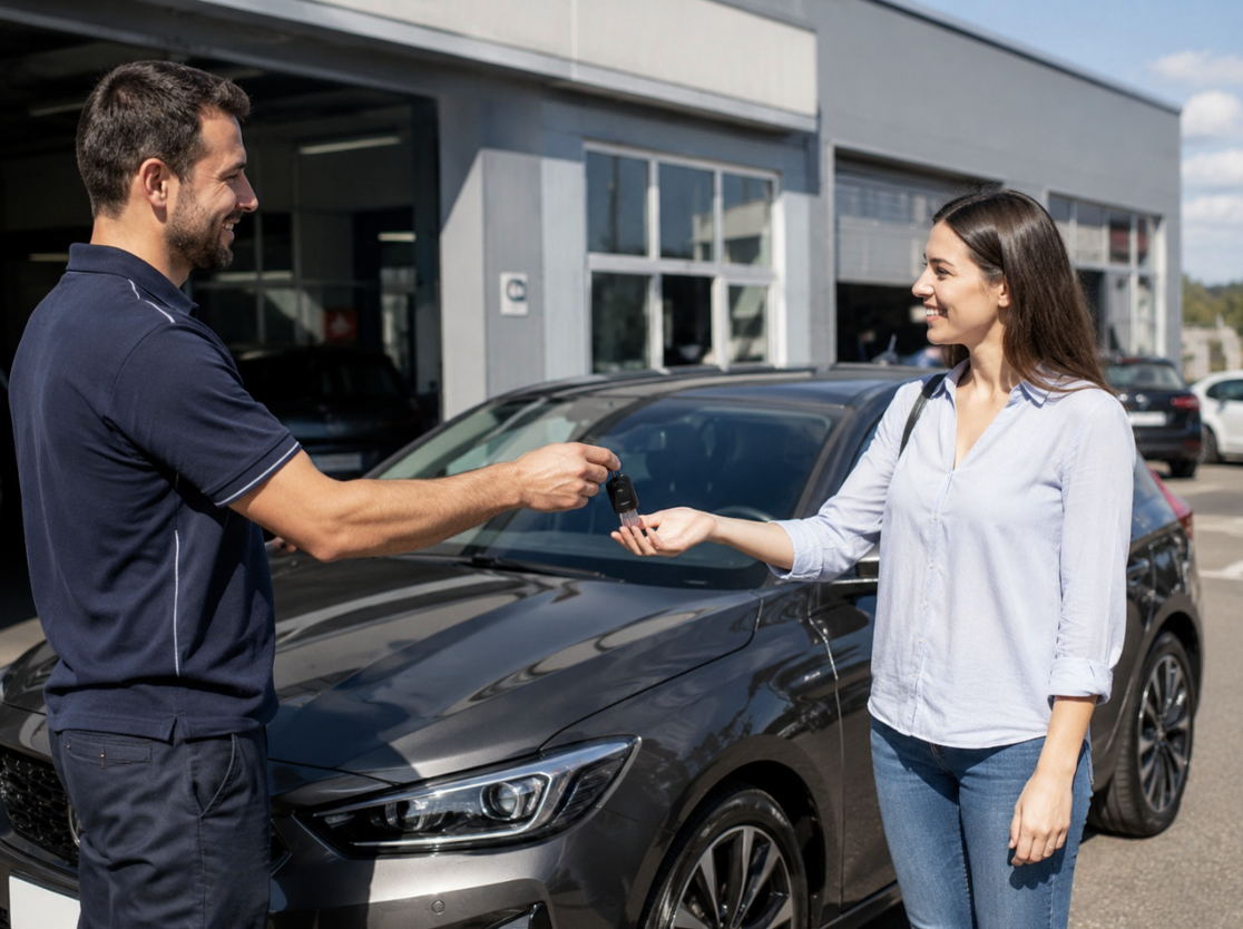 Cliente recibiendo un coche de sustitución de Talleres Garygar junto a un taller profesional en Zaragoza.