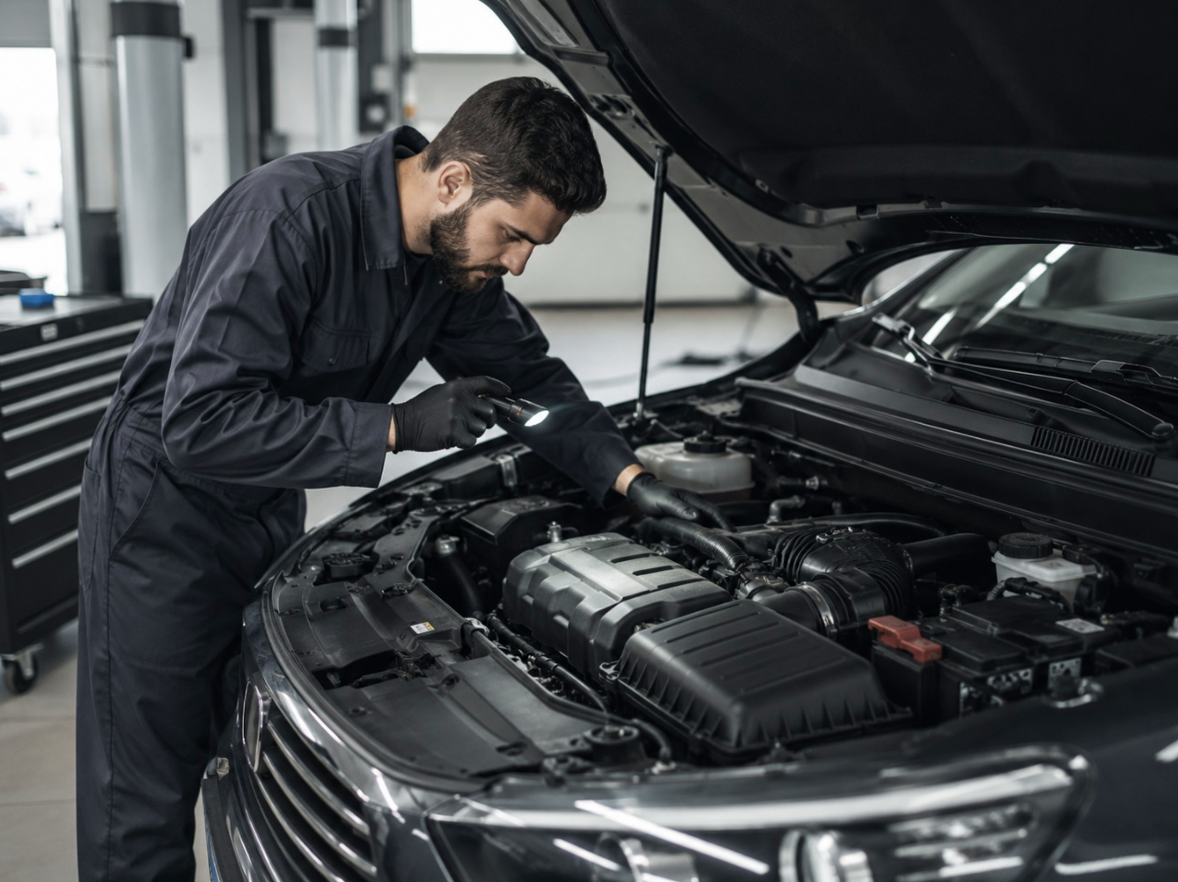 Mecánico revisando el motor de un coche después de las vacaciones en Talleres Garygar Zaragoza.